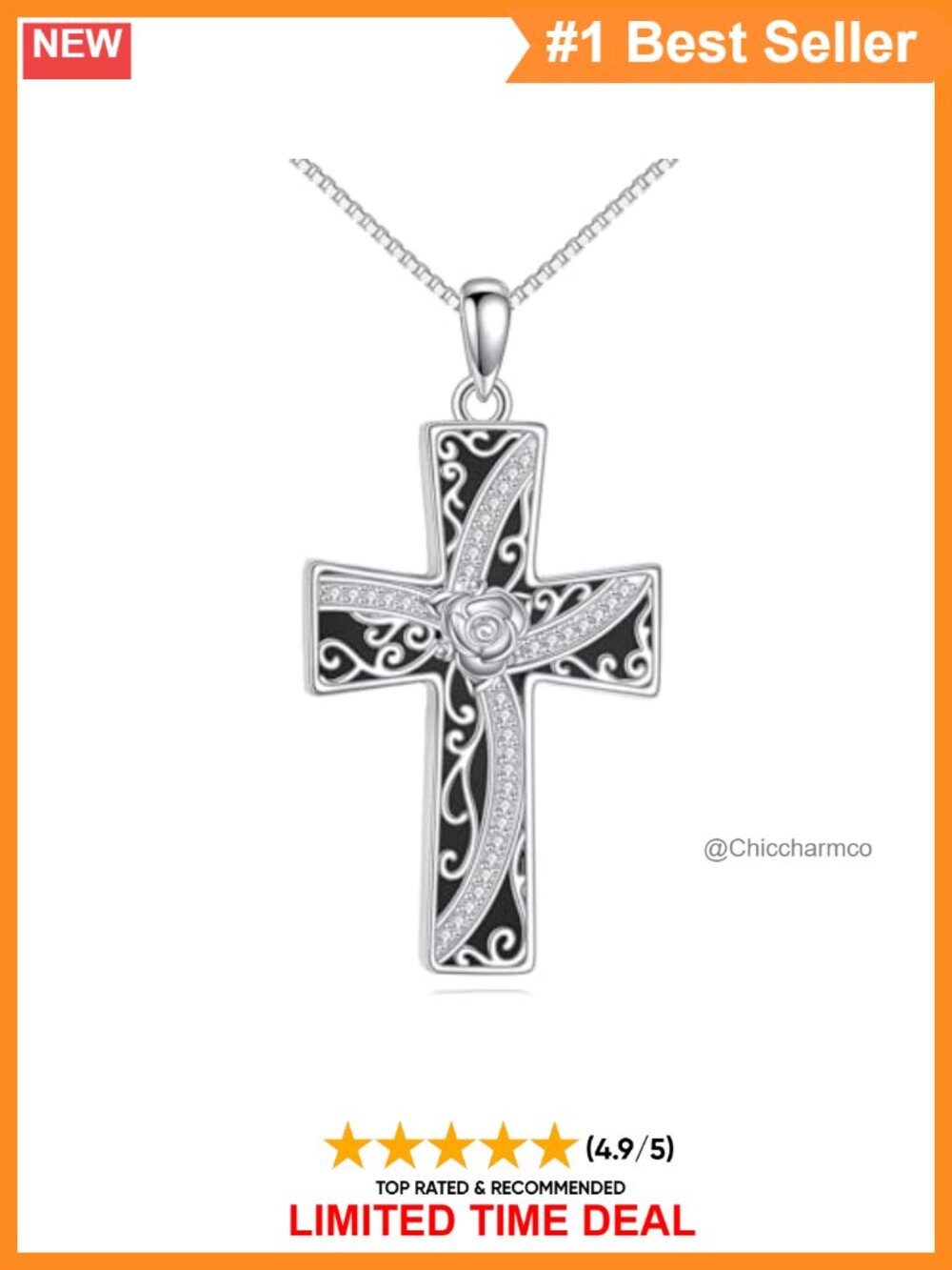 LUHE 925 Sterling Silver Cross Pendant Necklace Black Onyx Religious Jewelry
